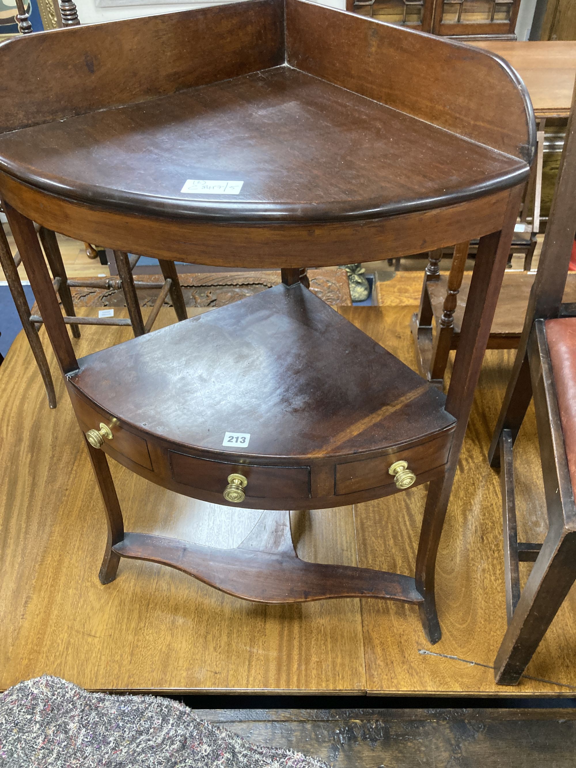 A George III mahogany corner washstand, width 55cm, depth 37cm, height 90cm, together with a dining chair